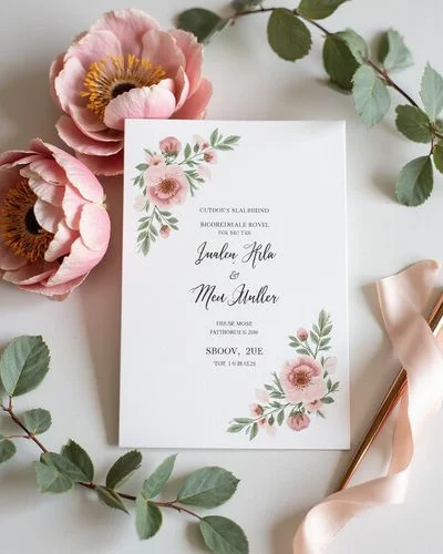 Floral wedding invitation design with dusty rose and greenery